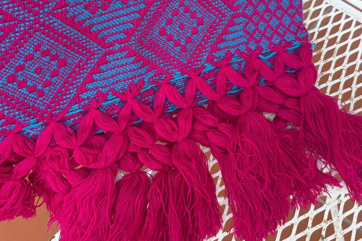 Mexican Rebozo with Pechera – Blue | Magenta | Pink | Shawl from Puebla | 80×28 in | CasaArtMex