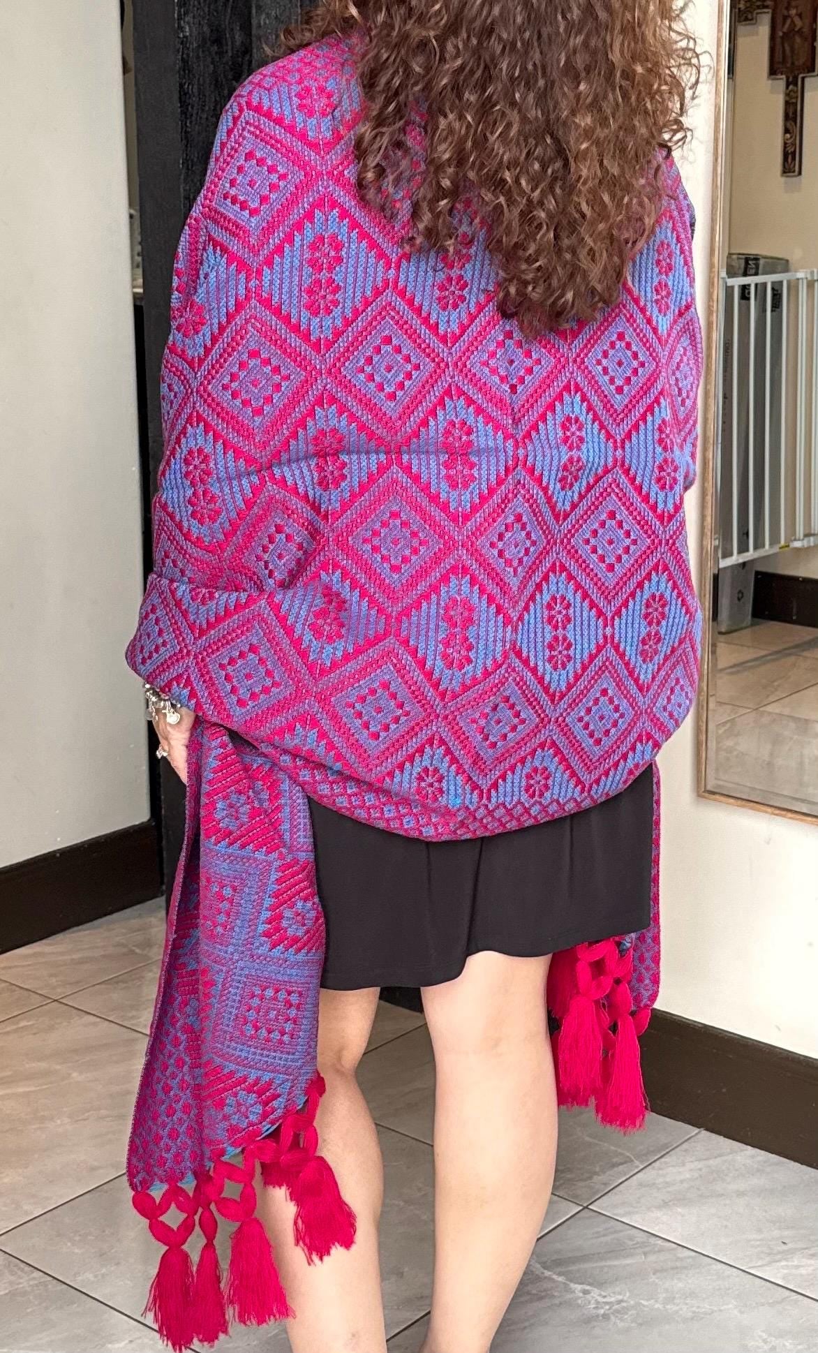 Mexican Rebozo with Pechera – Blue | Magenta | Pink | Shawl from Puebla | 80×28 in | CasaArtMex