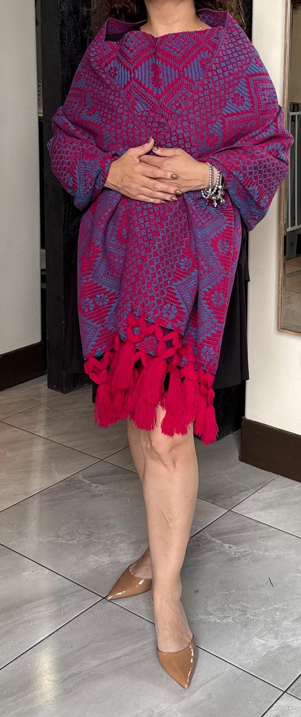 Mexican Rebozo with Pechera – Blue | Magenta | Pink | Shawl from Puebla | 80×28 in | CasaArtMex