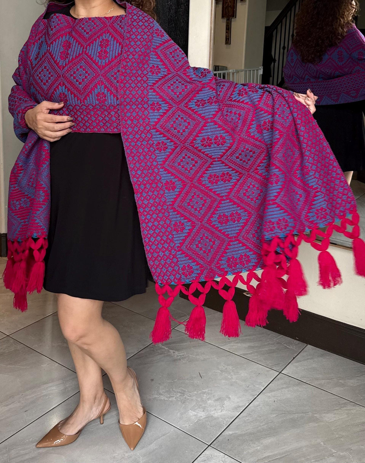 Mexican Rebozo with Pechera – Blue | Magenta | Pink | Shawl from Puebla | 80×28 in | CasaArtMex