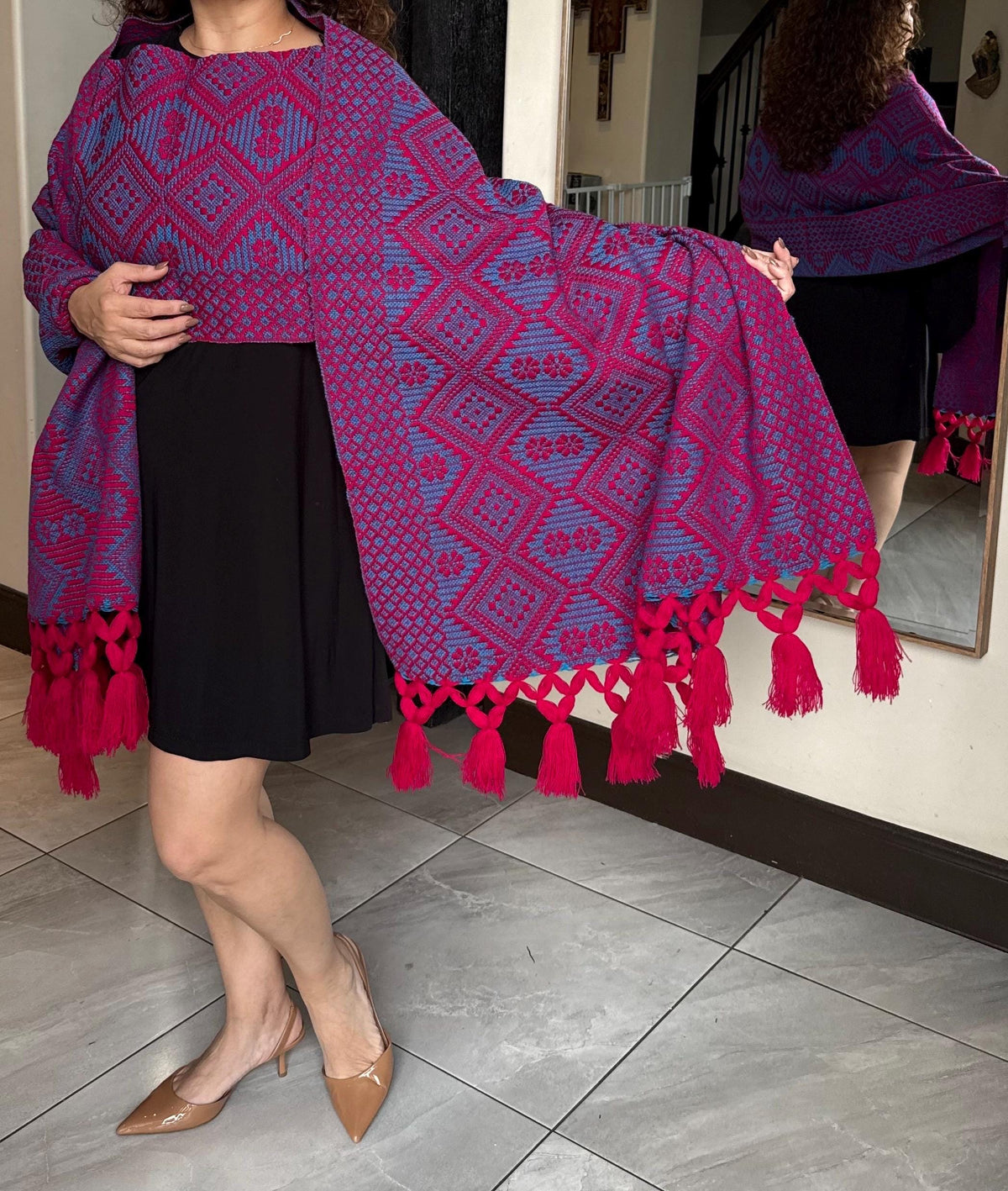Mexican Rebozo with Pechera – Blue | Magenta | Pink | Shawl from Puebla | 80×28 in | CasaArtMex