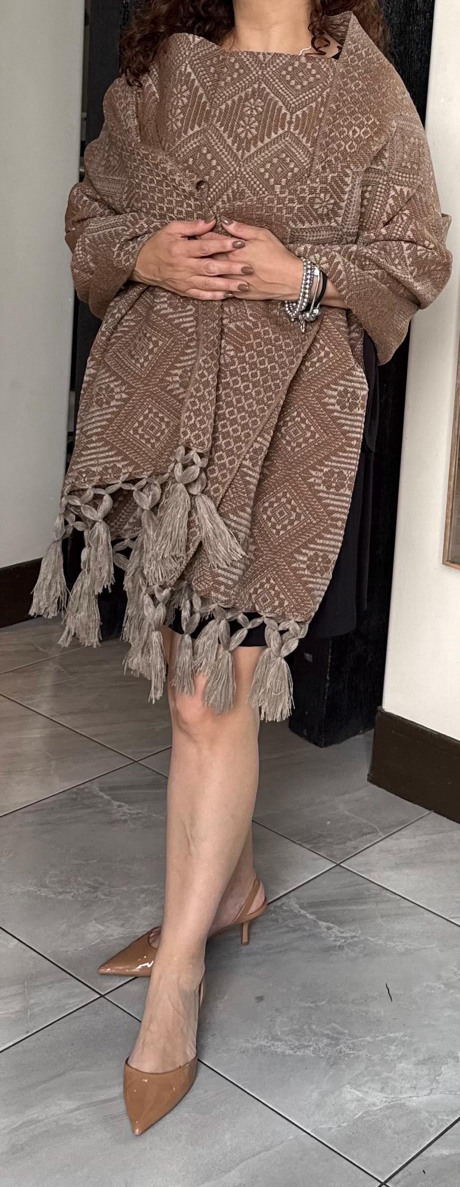 Mexican Rebozo with Pechera – Khaki | Brown | Mocha Shawl from Puebla | 80×28 in | CasaArtMex