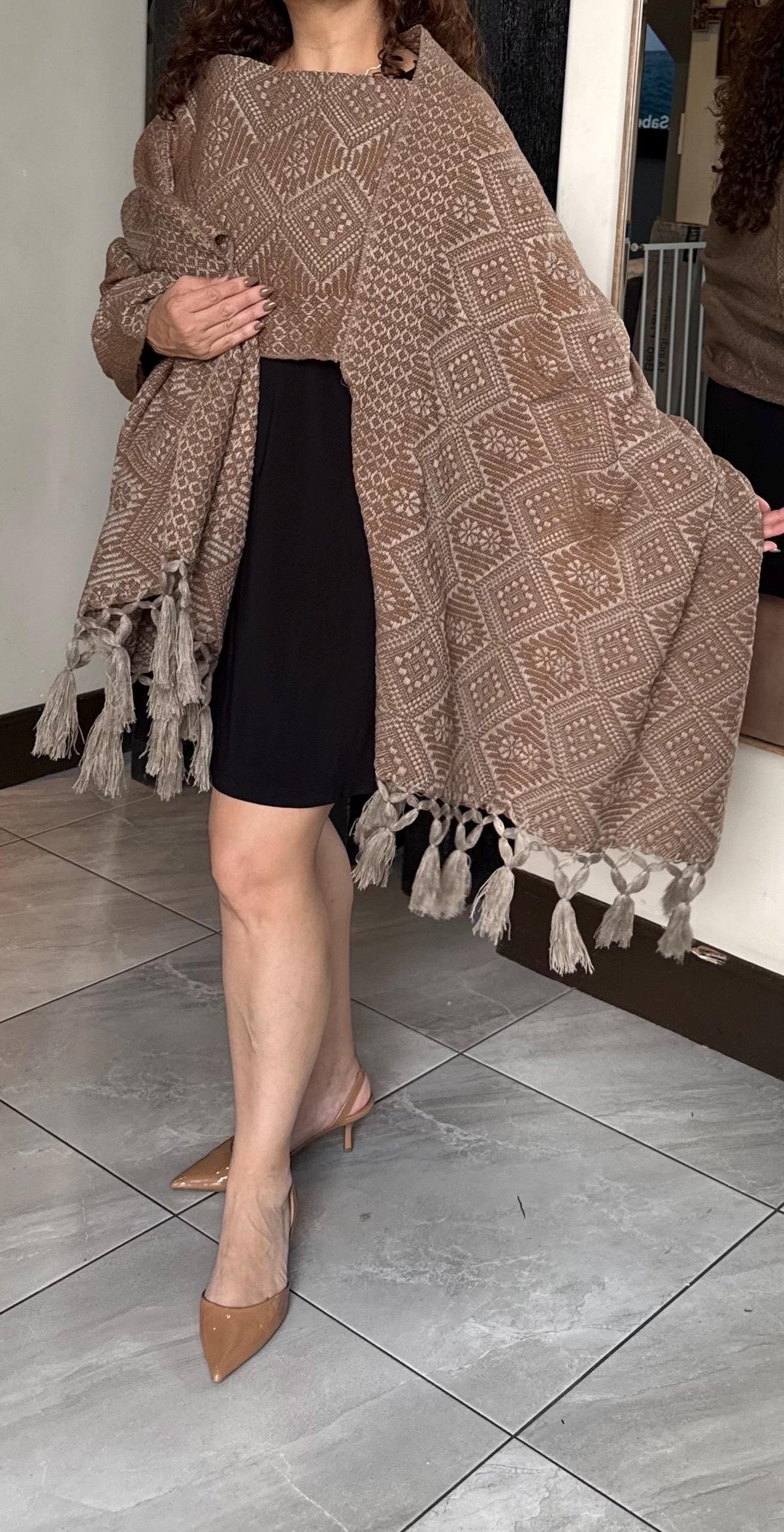 Mexican Rebozo with Pechera – Khaki | Brown | Mocha Shawl from Puebla | 80×28 in | CasaArtMex
