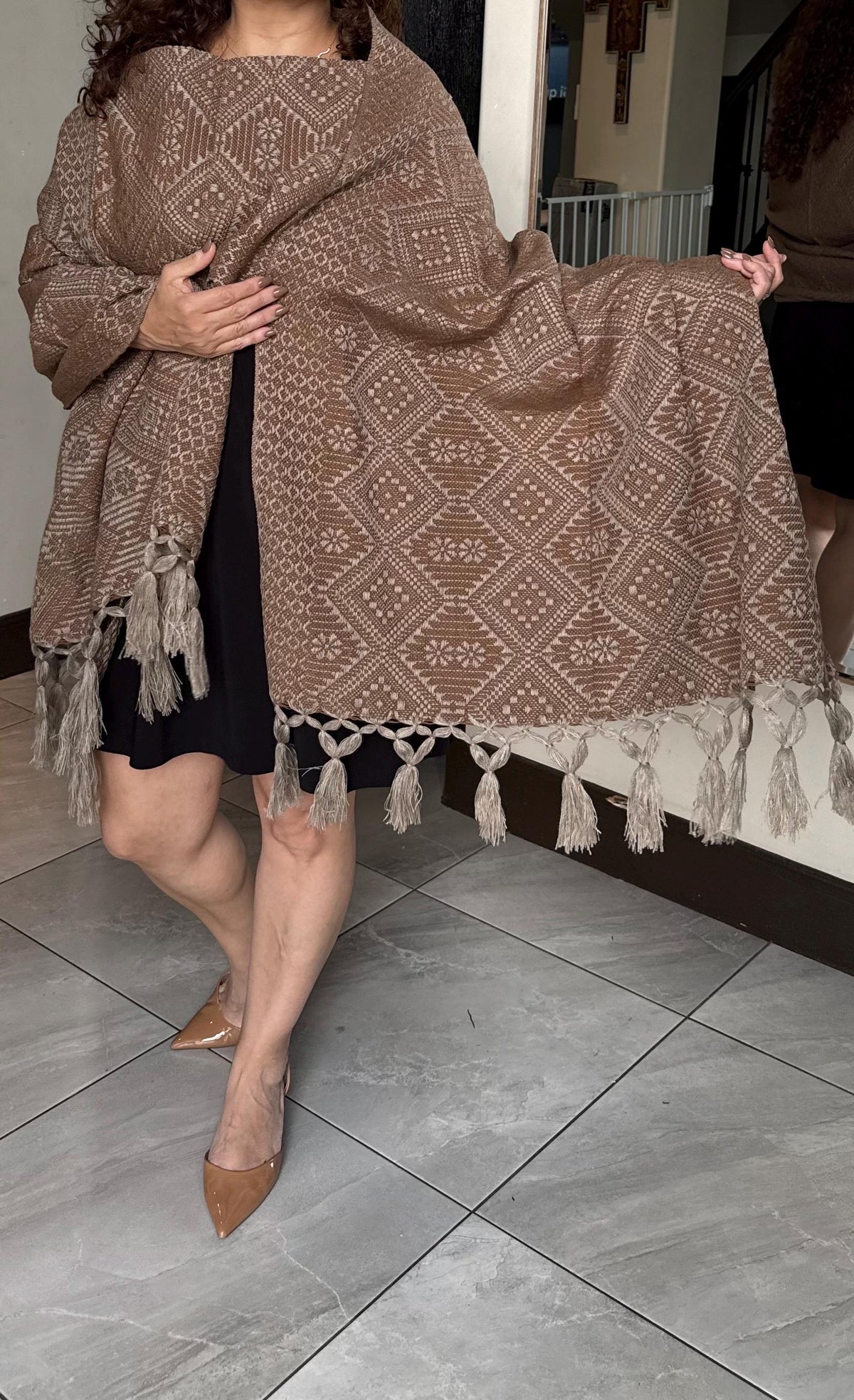 Mexican Rebozo with Pechera – Khaki | Brown | Mocha Shawl from Puebla | 80×28 in | CasaArtMex