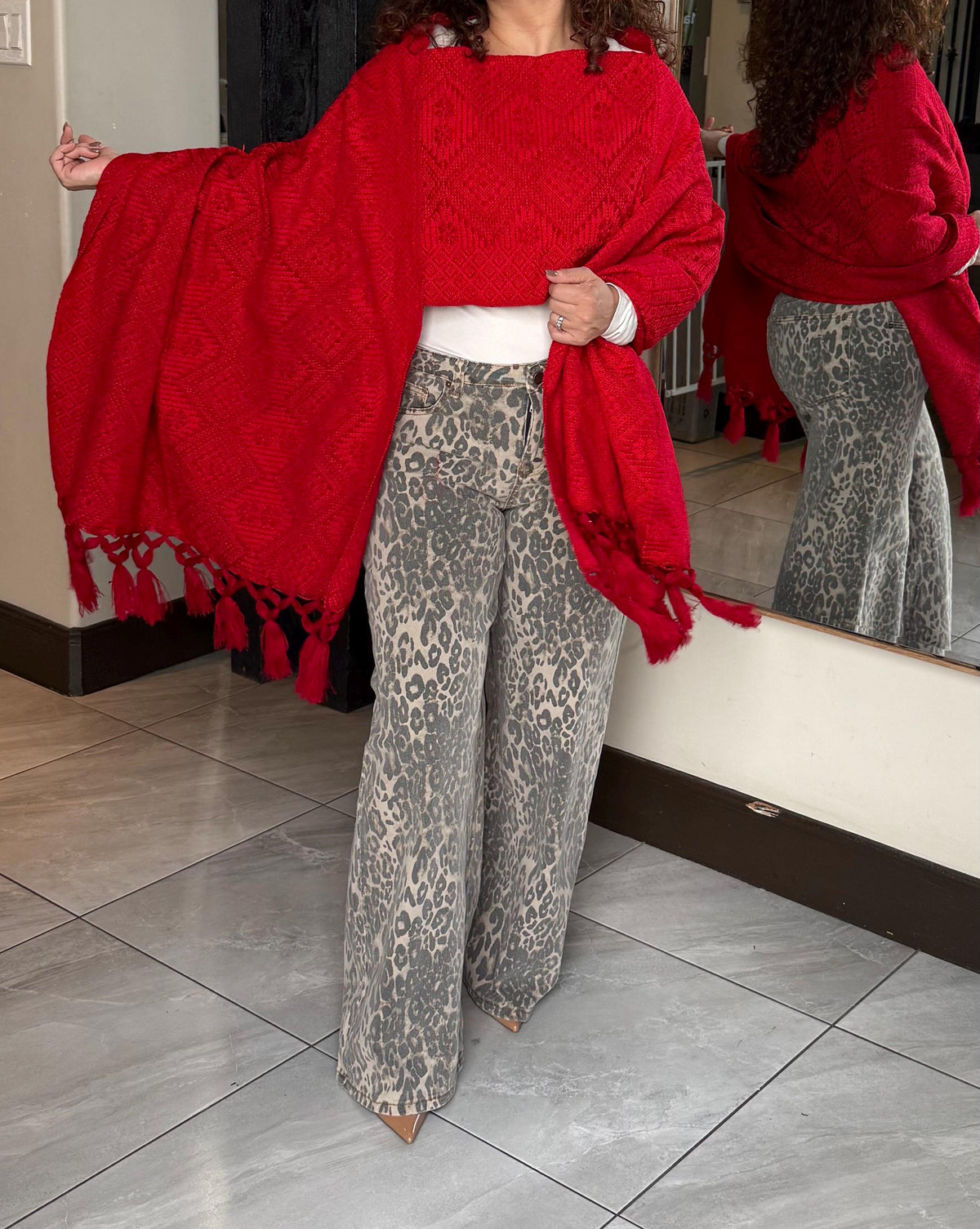 Mexican Rebozo with Pechera – Red Shawl from Puebla | 80×28 in | CasaArtMex