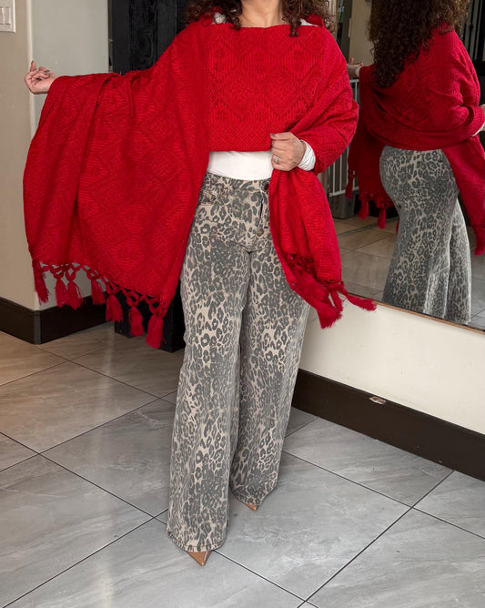 Mexican Rebozo with Pechera – Red Shawl from Puebla | 80×28 in | CasaArtMex