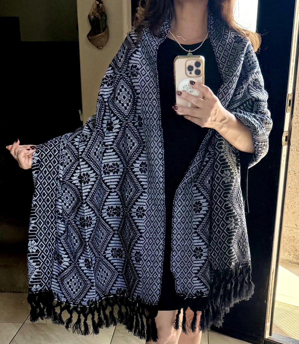 Mexican Rebozo – Black | white | Shawl from Puebla | 80×28 in | CasaArtMex