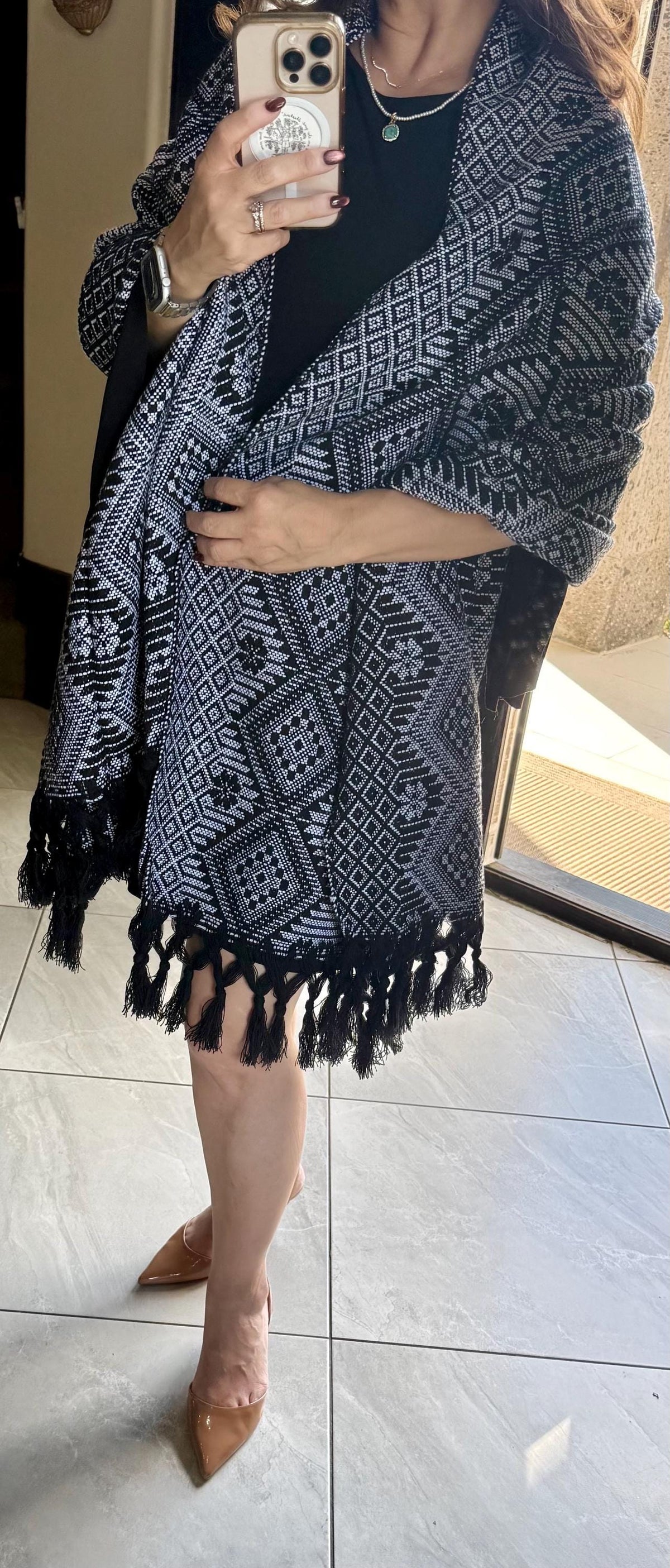 Mexican Rebozo – Black | white | Shawl from Puebla | 80×28 in | CasaArtMex