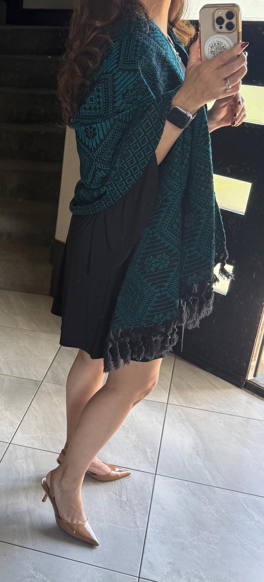 Mexican Rebozo – Black | Deep Teal Green | Shawl from Puebla | 80×28 in | CasaArtMex