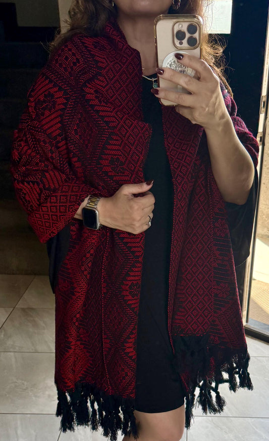 Mexican Rebozo – Black | Red | Shawl from Puebla | 80×28 in | CasaArtMex