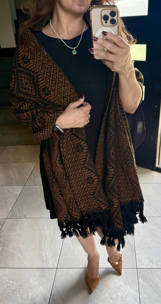 Mexican Rebozo – Black | Copper | Shawl from Puebla | 80×28 in | CasaArtMex