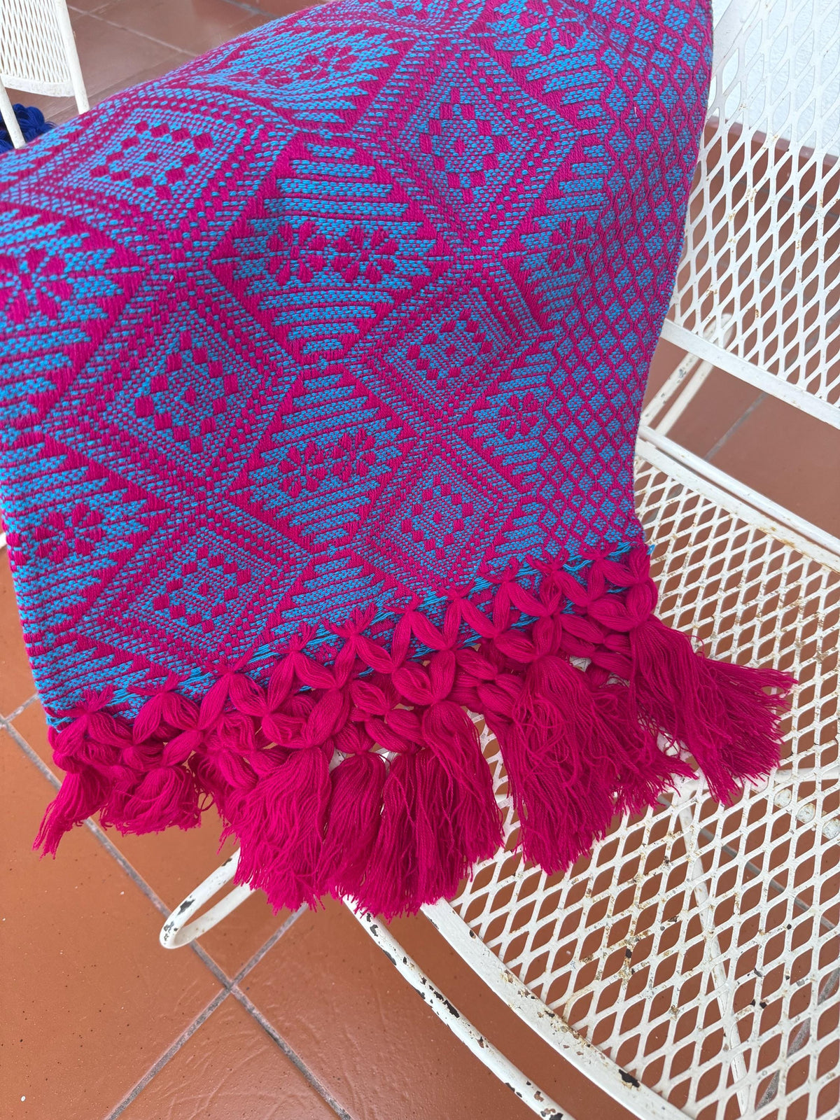 Mexican Rebozo with Pechera – Blue | Magenta | Pink | Shawl from Puebla | 80×28 in | CasaArtMex