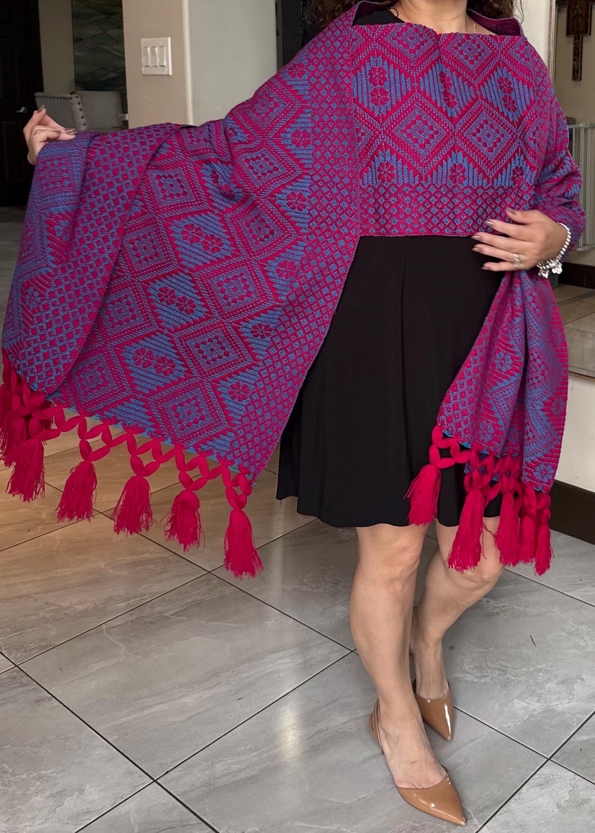 Mexican Rebozo with Pechera – Blue | Magenta | Pink | Shawl from Puebla | 80×28 in | CasaArtMex